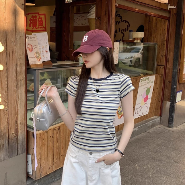 Contrast Color Striped Round Neck Short Sleeve Women's Shoulder Top