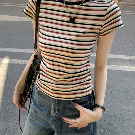 Contrast Color Striped Round Neck Short Sleeve Women's Shoulder Top